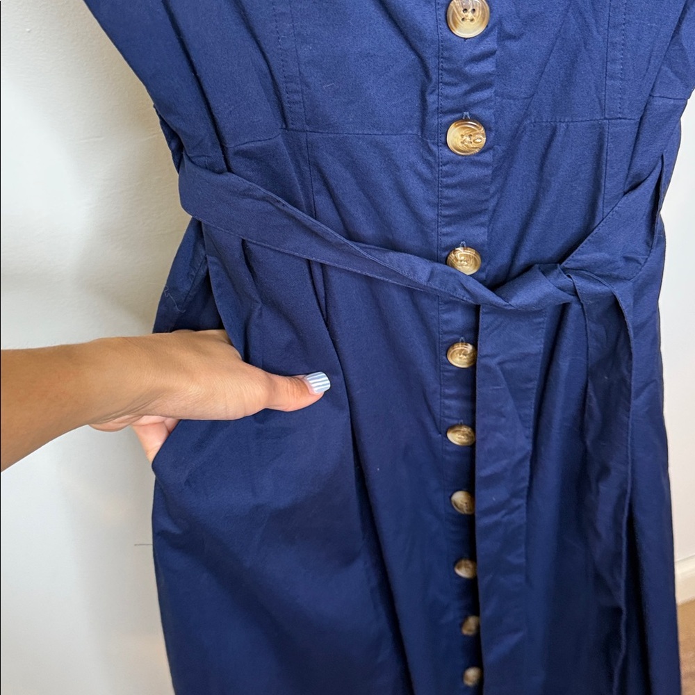 NWT J Crew Factory Button-front belted midi dress Navy - Picture 4 of 6